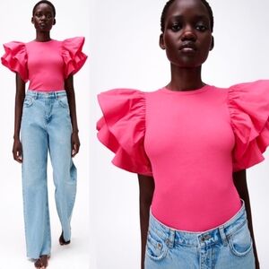 Zara Hot Pink Ruffle Shoulder Sleeveless Ribbed Cotton Bodysuit Crew Neck Small